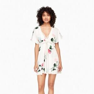 Kate Spade Charmeuse Floral Rose Robe Women's XS Small Silky Short Sleeve